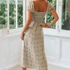 Foridol Puf Kollu Bohemian Yarık Uzun Elbise Kadın Yaz Plaj Düğmesi V Boyun Çiçek Maxi Elbise Backless Elbise Vestidos 210415