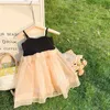 Meisjes Koreaanse stijl losse patchwork mesh prinses jurken zomer kinderen bretels feestjurk 210615