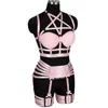 Bras Sets Leuke Roze Gotische Lingerie Set Body Harness BH Elastic Top Pentagram Cup Dames Sexy Kouseband Bowknot Peen Cage Belt Underwear