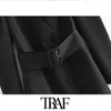 TRAF Women Vintage Stylish Office Lady Double Breasted With Belted Mini Dress Fashion V Neck Puff Sleeve Dresses Vestidos Mujer 210415