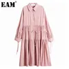 [EAM] Женщины Khaki Элегантные Большие размеры плиссированные Sashes MIDI платье отворота с длинным рукавом свободные подходящие мода весна осень 1dd7485 21512