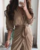 Robe d'été à manches longues pour femmes, couleur unie, chemise fendue, jupe longue, Y1006
