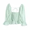 Femme Blouses Vert À Volants Manches Bouffantes Femmes D'été Broderie Crop Blouse Femme Col Carré Cutwork Dames Tops 210430