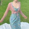 WOMENGAGA Sweet Vintage Girl Female Blue Flower Long Tank Dress Summer Tops Coreano Donna Cinghie Abiti Slash Neck 581Z 210603