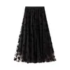 Mulheres Tutu Tulle Saídas Elásticas Cintura Cintura Floral Malha Em Camadas Uma Linha Midi Saia Longo Inverno Outono Khaki Preto