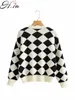 Hsa Winter Fall European and American Summer Wind Women's Black and White Diamond Plaid Cardigan Knitted Sweater 9737 210716