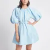 Summer Casual Women'S Sky Blue White Hollow Dress Female O-Neck Puff Sleeve High Waist Sexy Backless Mini 210525