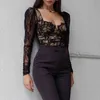 Women Lace Tee Shirt Sexy Ladies Floral Embroidery Deep V Neck Slim Mesh Gothic Tops Patchwork Black Casual Club Party Wear 210517