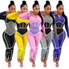 Kafesli Renk Bloğu Eşofman Takımları Kadın Eşleşen Setler Eşofman Fermuarlı Kırpılmış Hoodie Ve Pantolon Salon Giyim İki Parçalı Kıyafetler Kadın Eşofmanları