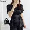 Neploeの気質の女性のブラウス夏の韓国のシャツビンテージ半袖スリムウエストサテントップスファッションベルトBlusas Mujer 210422