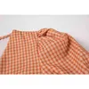 Plaid Femmes Crop Robes D'été V Col Casual Boutons Robe Français Puff À Manches Courtes Robe De Fée Taille Haute Ins Vestidos 210417