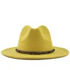 Solid Color Classic Wide Brim Faux Wool Felt Jazz Fedora Hat with Leather Belt Men Women Goth Top Vintage Party Cap L XL