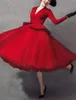 Vestido de Bola Vermelha Elegante Vintage Quinceanera Prom Vestido V Neck Manga Longa Comprimento Do Joelho Tulle Noite Formal Vestidos de Fiesta Robe Soiree 2022