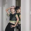 Wzburzyć Mesh Crop Top Kobiety Lato Krótki Rękaw T Shirt Green Tight Fake 2 Kee Tee Koreański Trendy 210427