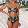 Swimsuit Women Sexy Bikini Smocked Leopard Padded High Waist Bathing Suit Biquini Swimwear Set 210722