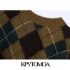KPYTOMOA Damesmode Argyle losse gebreide vest trui vintage v-hals mouwloze vrouwelijke vest chique tops 210819