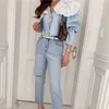 Nomikuma Lace Hit Color Patchwork Peter Pan Collar Jeans Blouse Causal Korean Short Women Shirt Spring Demin Blusas 6F646 210427