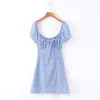 Retro puffhylsa vintage blå klänning kvinnor sommar spets upp kort mini klänning strand semester petite boho klänning vestidos 210415