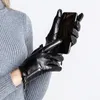 指のない手袋スムサン女性のタッチスクリーン純正レザー黒い冬の厚い暖かい女性防水滑り止めヤギのミトン