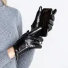 Fingerless Handskar Sumusan Kvinnor Touch Screen Äkta Läder Svart Vinter Tjock Varm Lady Vattentät Non-Slip Goat Mittens