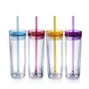 plastic cup mugs transparent PS bottles acrylic with straw double-layer Fashionable office 6 Colors