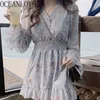 Chiffon Women Dress High Waist Sweet Spring Dresses Ruffles V Neck Elegant Vestidos Korean Fashion 15658 210415