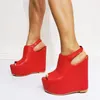 Zapatos de vestir Est Moda Peep Toe Plataforma alta Sandalias de mujer Calidad Rojo PU Cuero Tacones de cuña Señoras Fiesta de verano
