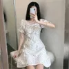 White Casual Floral Ruffle Bow Women Dress Bandage Ruched Summer Mini Dress Office Puff Sleeve High Street Aline Ladies Dresses 210619