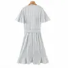 Kvinnor Sommar Striped Fashion Dress V-Neck Kortärmad Sashes Bow Cascading Ruffle Kvinna Eleganta Street Dresses Vestidos 210513
