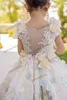 Härlig Puff Ball Gown Flower Girls Dresses Lace Applique Floral Pageant Gowns O Neck Girl's Birthday Party Dress