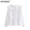 KPYTOMOA KVINNOR Söt mode med Peter Pan Collar Ruffled Blouses Vintage Långärmad Button-Up Kvinnor Chic Toppar 210719