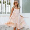 Foridol stripe casual loose summer dress spaghetti strap ruffle beach maxi long dress sundress chic striped dress vestidos 210415