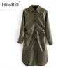 Mulheres Army Green Pu Camisa Vestido de Manga Longa Faux Leather Curtir Collar Office Split Plissado ES 210508