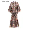 Bohemia Localizar impressão Floral Long Kimono Camisa Hippie Mulheres Lacing Up Laço Curva Sashes Cardigan Blusa Solta Boho Tops Holiday 210719