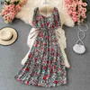Vintage Floral Square Collar Dress Kvinnor Sommar Koreanska Vestidos Puff Sleeve Drawstring Slim Waist Beach Holiday Dresses 210519
