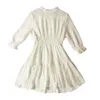 PERHAPS U Women Elegant Beige Stand Collar Lace Ruched Elastic Waist Empire Half Sleeve Short Mini Dress Summer D2455 210529