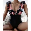 Costume da bagno sexy con stampa floreale Monokini con scollo a V Costume da bagno con volant Costume da bagno da donna senza schienale 210604