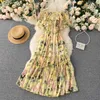 Bohemian Floral Chiffon Midi Dress Kvinnor Sexig Slash Neck Ruffle Kortärmad A-Line Vacation Beach Dresses Boho Chic Robe 210311