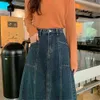 빈티지 데님 스커트 여성 플러스 사이즈 5xl 한국어 긴 청바지 스커트 버튼 포켓 큰 헴 캐주얼 느슨한 높은 허리 A 라인 스커트 210619