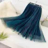 Skirts Qooth Cute Plaid Tulle Skirt Women Fashion 2021 Spring Summer Korean School Checked High Waist Pleated Maxi Female Lady