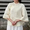 Johnature Chinese Style Casual Shirt Button Ramie Plus Size Half Sleeve Kobieta Bluzka Lato Stojak Kołnierz Kobiety Bluzka Top 210521