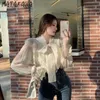 MATAKAWA Lace Mesh Ladies Shirt Bowknot Design Fashion Blouse Women Spring Long-sleeved Blusas Top 210513