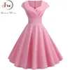 Różowy Lato Dres V Neck Duży Huśtawka Vintage Dress Robe Femme Elegancki Retro Pin Up Party Office Midi Suknie Plus Rozmiar 220311