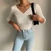 Sexy vintage V-neck folds pink peach heart hollow knit sweaters slim thin 3/4 sleeve short crop tops pullover jumpers for woman 210806