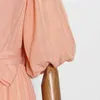 Summer Square Collar Puff Sleeve Solid Vestidos Hook Blomma Hollow Bowknot Drawstring Klänning Koreansk Sweet Femme Robe 210525