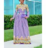 Kobiety jesień mody maxi sukienka dama długie rękaw o szyjka wysoka talia fioletowa sukienka 210415