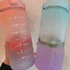 2 Liter Large Capacity Free Motivational With Time Marker Fitness Jugs Gradient Color Plastic Cups Outdoor Frosted Water Bottle 210914