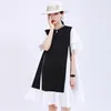 [EAM] Women Black Contrast Color Split Joint Dress Round Neck Short Sleeve Loose Fit Fashion Spring Summer 1U495 21512