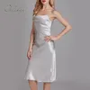 Sommer Frauen Satin Slip Knielange Sexy Spaghetti Strap Silk Party Kleid 210415