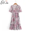 Hsa Floral Print Dress Femmes Taille Haute Plissée Longue Robe D'été À Manches Courtes Floral Imprimé Bohème Longue Maxi Robes 210716